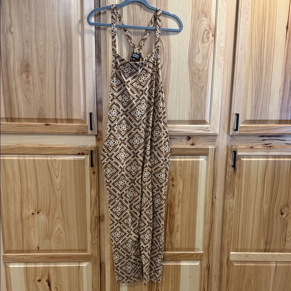 Known Supply Brown Cream Organic Cotton Geometric Print Boho Aztec Jumpsuit Sz M - Picture 4 of 16